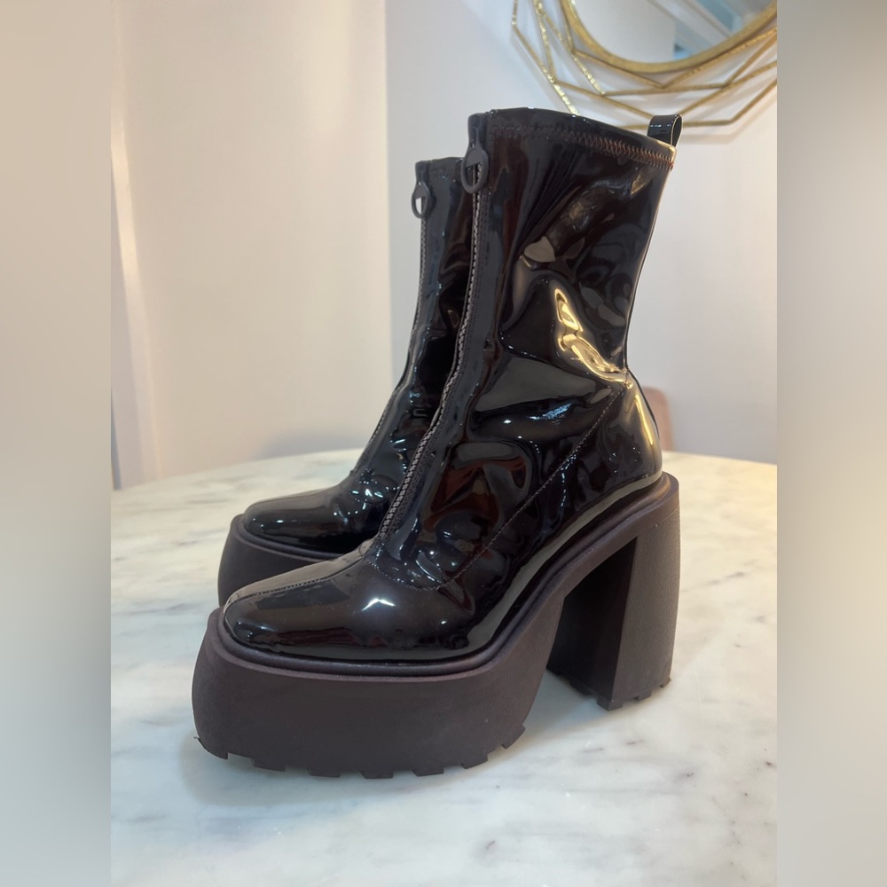 Chunky chocolate patent leather boots